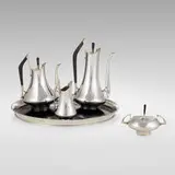 Donald Colflesh, Four-piece Circa 70 coffee and tea service, 1958, sterling silver, ebony, laminate