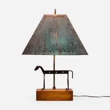 Horse table lamp by Modern, c. 1950, patinated copper, wood, iron, brass, sold Feb 2025