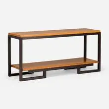 Two-tier console table, model 5019 by Paul Theodore Frankl, c. 1945, lacquered cork, mahogany, sold Feb 2025