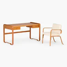 Ralph Lauren, Cliff House desk and chair, c. 2000, maple, leather over steel, upholstery, brass