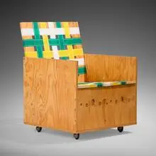 Mary Heilmann, Clubchair 1, 2002, laminated plywood, polypropylene webbing, casters