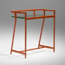Occasional table by Jacques Adnet, c. 1950, stitched leather over steel, glass, brass, sold Feb 2025