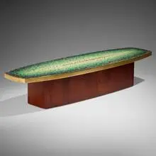Mosaic coffee table by Vladimir Kagan, c. 1950, glass tiles, walnut, brass, sold Feb 2025