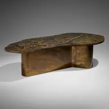 Reclining Lady coffee table by Philip and Kelvin Laverne, c. 1965, acid-etched, patinated, and enameled bronze, sold Feb 2025