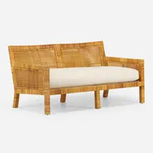 Settee by Inc. Bielecky Brothers, c. 1975, rattan, upholstery, sold Feb 2025