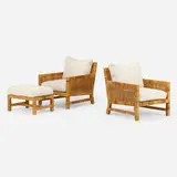 Inc. Bielecky Brothers, Chairs, pair and ottoman, c. 1975, rattan, upholstery