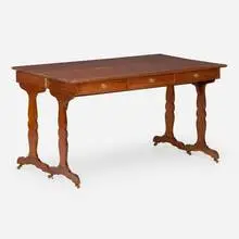 Rare console table by Jean-Michel Frank, c. 1940, mahogany, oak, gilt leather, brass, casters, sold Feb 2025