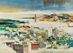 Dong Kingman, A view of San Francisco from Telegraph Hill, depicting in the distance the Golden Gate Bridge with apartment houses in the foreground