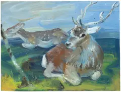 Josef Hegenbarth, Liegendes Damwild, Um 1952, Leimfarbe auf leichtem Schoellershammer-Karton