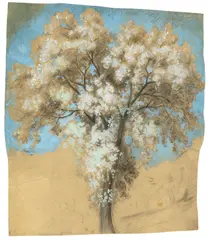 Bernhard Fries, Studie eines blühenden Baumes vor blauem Himmel, Gouache und Kohle, teilweise laviert, auf gelbbraunem, festem Papier