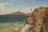Friedrich Loos, Blick von Capri auf den Vesuv, Um 1848, Öl auf Papier, auf Karton aufgezogen