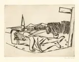Max Beckmann, Schlafendes Mädchen im Kornfeld, 1922, Kaltnadel auf Bütten (Wasserzeichen: BSB)