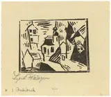 Lyonel Feininger, Häuser und Kirche, 1921, Holzschnitt auf gelblichem Bütten