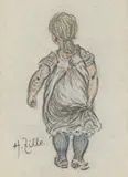Mädchen von hinten mit gerafftem Rock by Heinrich Zille, Farbkreide auf grauem Papier, sold Jun 2018