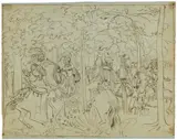 Karl Philipp Fohr, Illustration zu Tiecks „Melusine“: Die Fahrt zur Hochzeit Raimunds und Melusines. Anfang 1816, Feder in Grau und Schwarz, teilweise über Bleistift, auf Transparentpapier