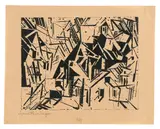 Lyonel Feininger, Sächsisches Dorf, 1918, Holzschnitt auf rosafarbenem Japan