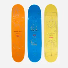 Jeff Koons X Supreme, Monkey Train skate decks with drawings (set of three), 2006, transfer-printed plywood, ink
