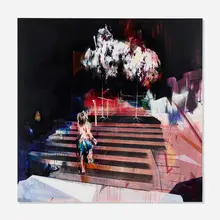 Ian Francis, A Girl Tries To Go Home But Her Way Is Blocked By Two Trees, 2009, oil, spraypaint, ink and photo transfer on canvas