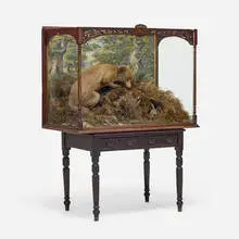 Victorian, The Tip of the Ear and the Tip of the Tail diorama, c. 1900, taxidermy, leather, painted wood, plant fibers in wood and glass display
