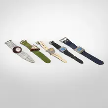 Collection of five wristwatches by Pierre Cardin, c. 1970-71, stainless steel, steel, Lucite, leather, vinyl, offered Jun 2025