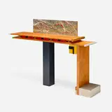 That Jackson, he spits!—Piet console table by Garry Knox Bennett, 1994, yellow satinwood, aluminum, ColorCore laminate, paint, brass, gold-plate, offered Mar 2025