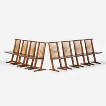 George Nakashima, Conoid chairs, set of eight, 1973, American black walnut, hickory