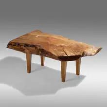 Jeffrey Greene, Spindle Leg Live Edge coffee table, 2021, London Plane, oak