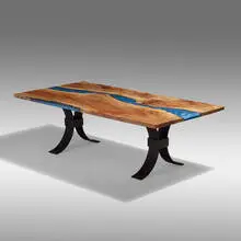 Shaun Smith, Delaware River Dining Table, 2021, London Plane, welded and powder-coated steel, epoxy resin
