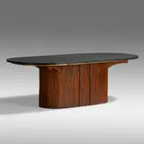 Phillip Lloyd Powell, Dining table, c. 1960, carved and enameled walnut, gold leaf, slate