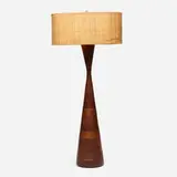 Phillip Lloyd Powell, Table lamp, c. 1960, laminated and turned walnut, patinated metal, linen