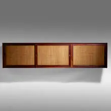Phillip Lloyd Powell, Wall-hanging cabinet, c. 1960, American black walnut, pandanus cloth, enameled wood