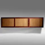 Phillip Lloyd Powell, Wall-hanging cabinet, c. 1960, American black walnut, pandanus cloth, enameled wood