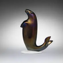 Seal, model 2769 by Fulvio Bianconi, 1953, highly iridized glass with lattimo base, sold Feb 2025