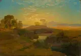 Oswald Achenbach, Abendliche Landschaft mit einem im Gegenlicht liegenden Felsmassiv (Studie). 1845 (?)