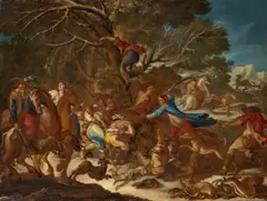 Flämischer Meister, Bärenjagd – womöglich Vorlage einer Tapisserie, Um 1680, Öl auf Leinwand
