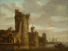 Wouter Knijff, Stadtmauer mit Bastionen, Windmühle und Landungsbrücke an einem Fluß, Um 1670, Öl auf Eichenholz