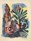 Max Pechstein, Stilleben mit Holzfigur und Amaryllis, 1923, Lithographie, aquarelliert, auf dünnem Japanbütten