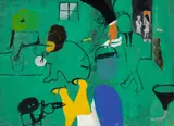 Heimrad Prem, Puppenunfall, 1966, Öl auf Rupfen