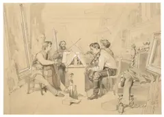 Anton von Werner, Das Quartett, 1866, Pinsel in Graubraun über Bleistift, weiß gehöht, auf Papier, vom Künstler auf Karton montiert
