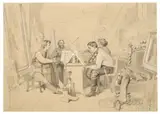 Anton von Werner, Das Quartett, 1866, Pinsel in Graubraun über Bleistift, weiß gehöht, auf Papier, vom Künstler auf Karton montiert