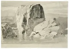 Deutsch, um 1820, Felsen im Wasser, Pinsel in Grau auf Bütten