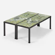 Karin van Leyden, Coffee tables, pair, c. 1940, verre églomisé, iron