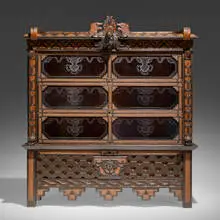 Mayan Revival, Cabinet, c. 1930, hand-carved cedar, glass