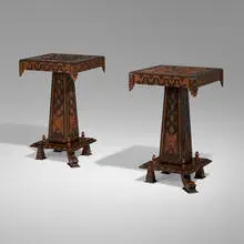 Mayan Revival, Occasional tables, pair, c. 1930, hand-carved cedar