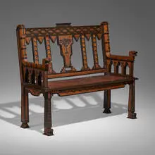 Mayan Revival, Bench, c. 1930, hand-carved cedar, tooled leather