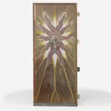 Phillip Lloyd Powell, Exceptional door, 1994, sculpted and painted redwood, brass, copper, mirrored glass