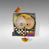 William Harper, Pentimenti - Chamber of the Bride, 1987, 24 karat gold, white gold, enamel, plastic, Mexican opal, moonstone