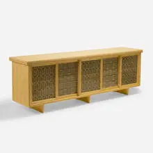 Michael Hurwitz, Low board cabinet, 2009, bamboo plywood, reclaimed Alaskan yellow cedar, sandblasted stained glass