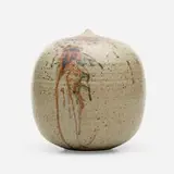 Closed Form (with rattle) by Toshiko Takaezu, c. 1985, glazed earthenware, sold May 2021