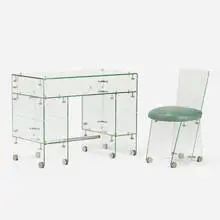 Rene-Andre Coulon, Desk and chair, c. 1940, glass, chrome-plated brass, vinyl